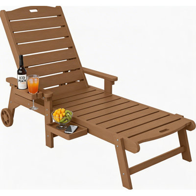 Chaise longue d'extérieur, chaise longue de patio toutes saisons avec porte-gobelet et accoudoirs pour l'extérieur, la plage, la piscine, la terrasse, le teck