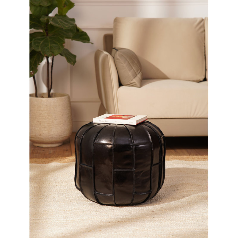 Solid Handmade Leather Round Pouf (Recycled Foam with Fibre Fill), Brown Genuine Leather, 16" H x 16" W x 16" D
