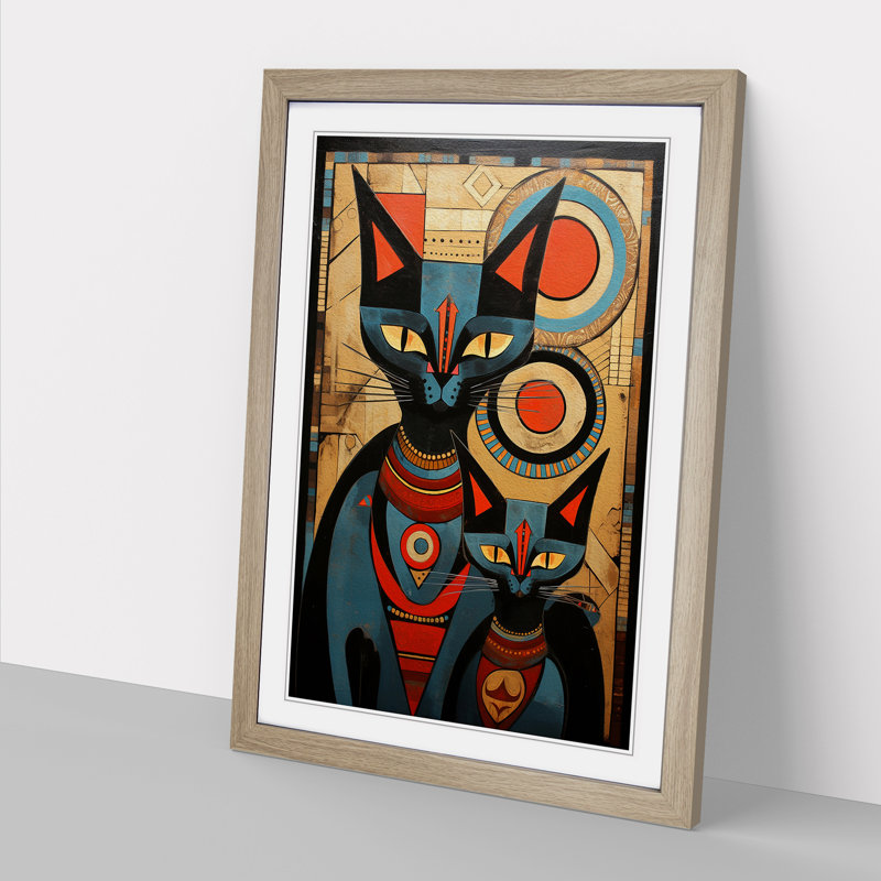 XYZ-FRM-V1223-606 Egyptian Cat Constructivism No.4 - Single Picture Frame Print on Wood, Oak , 34cm H x 25cm W x 2cm D