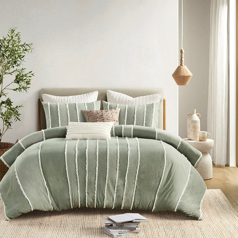 Housse de couette pour lit double / grand en coton 3 pièces - et rayée blanche avec garniture de literie