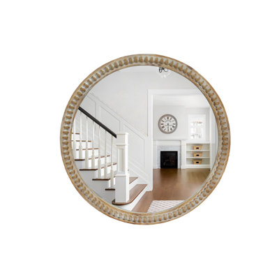 Round Decorative Wall Mirror, 23.62" Distressed Wood Beaded Frame Mirror For Entryway, Living Room, Bathroom, Farmhouse Style Accent Mirror