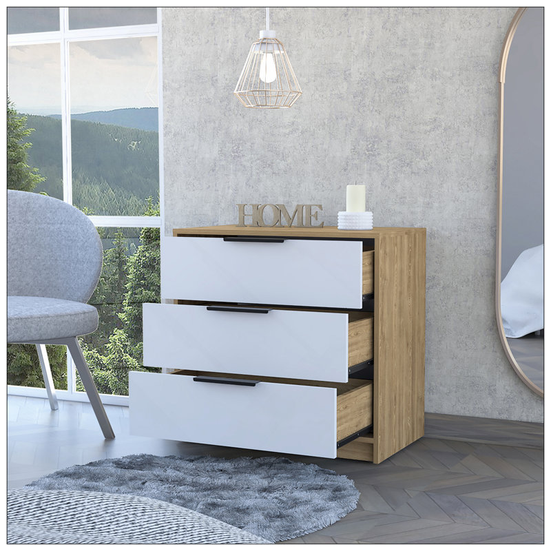 Commode 3 tiroirs Kaia, plateau supérieur, Naturel / Blanc