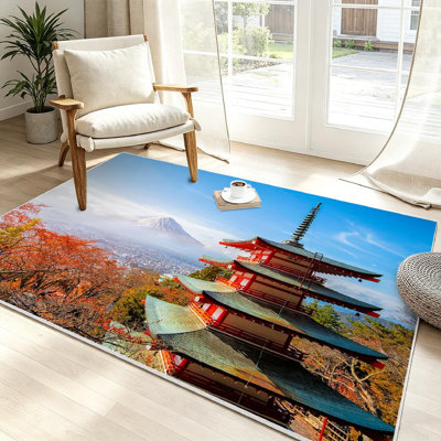 Red Machine Washable,behind Pagoda Autumn Fall Colors Japan Indoor Area Rug
