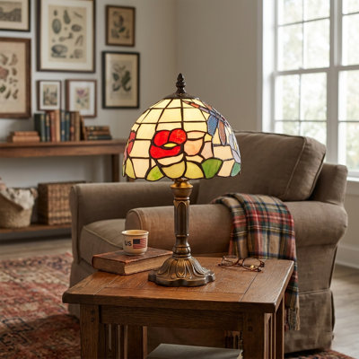 Lampe de table en vitrail 14 "de style Tiffany avec lumière chaude E26 14"