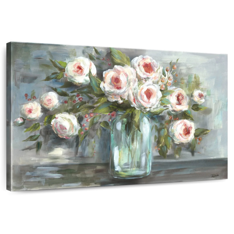 Harnek, fleurs roses, nature morte, paysage, H 26 po x l 39 po