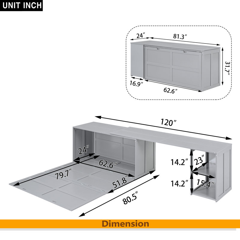 Grand lit escamotable avec bureau rotatif, Gris