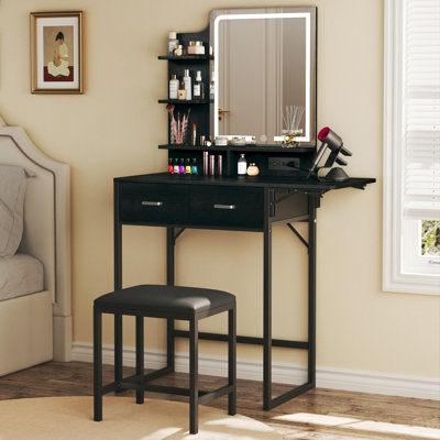 Small Makeup Vanity With Charging Station & Fabric Drawers Extendable Vanity Desk by Ebern Designs