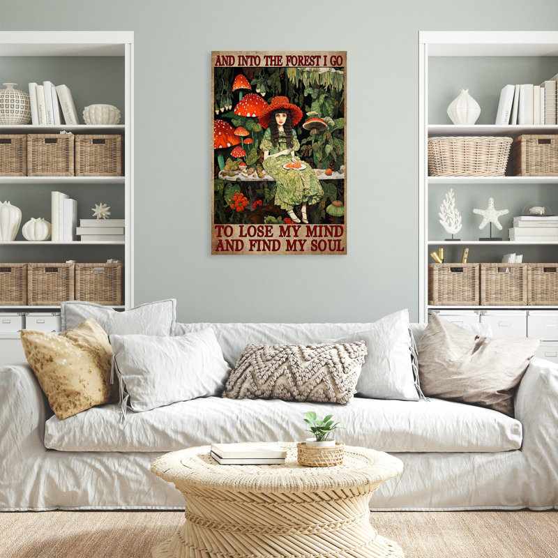 Mushroom And Into The Forest I Go - 1 pièce, impression d'art graphique rectangulaire sur toile tendue | 0124