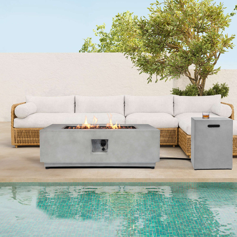 42" Outdoor Propane Fire Pit table with Tank Cover Table, 50,000 BTU, Concrete Rectangular Gas Firepit with Steel Lid, Rain cover & Lava Rocks