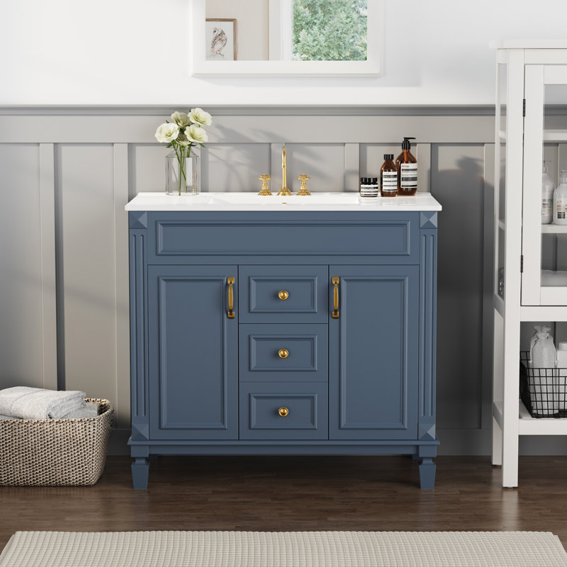 Meuble-lavabo simple 36 po en bois massif avec lavabo, 2 prises de courant, 1 port USB et 1 port Tybe C, Bleu