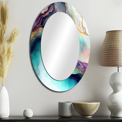 Géode abstraite bleue mauve III - grand miroir mural ovale sur métal