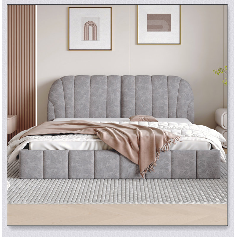 Grand lit plateforme tapissier avec tissu épais, polyester, gris