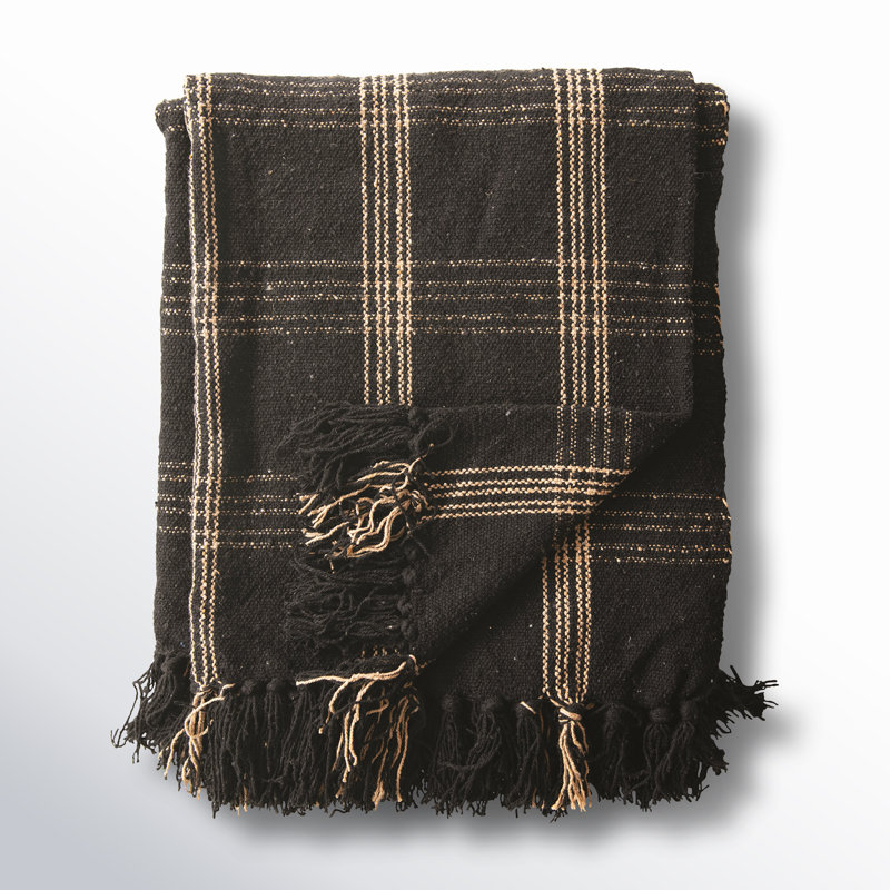 Eunice Soft Woven Reclaimed Cotton Blend Throw with Fringe, Black and Tan Plaid
