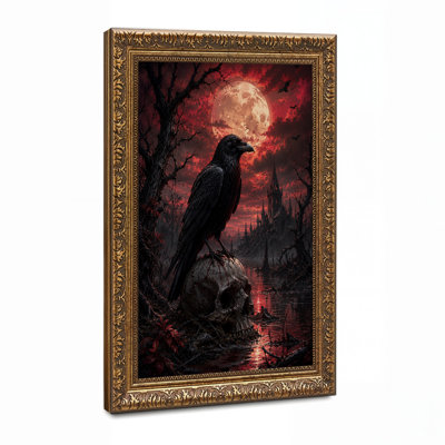 Raven Perched on Skull Near Gothic Castle Under Halloween Canvas Wall Art