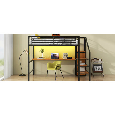 Lit mezzanine en métal noir avec bureau intégré, escalier de rangement, garde-robe et éclairage à DEL 7 couleurs