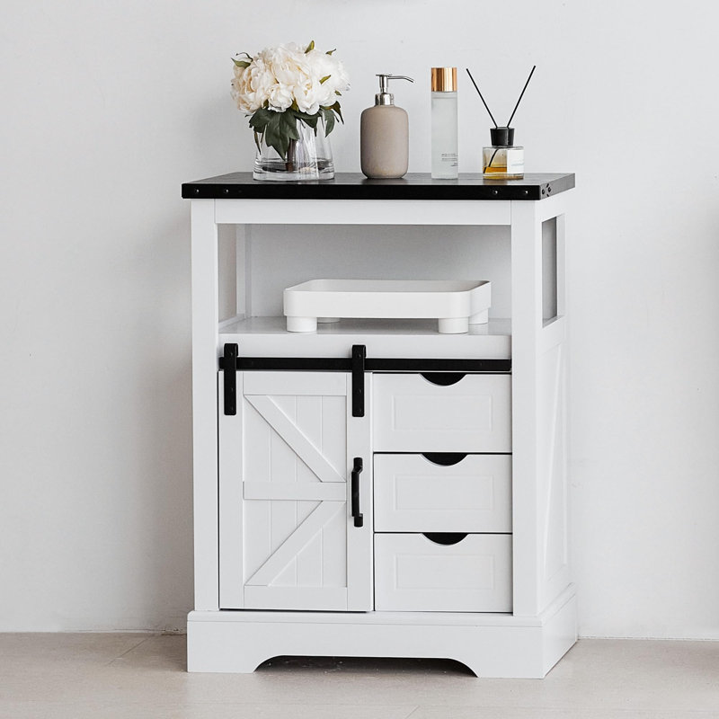 Rustic Bathroom Floor Cabinet with Sliding Barn Door & Storage Drawers, Solid Freestanding Organizer for Kitchen Living Room Bedroom