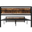 Structure de lit grand avec tête de lit à grain de bois foncé - Base de lattes de style industriel en métal noir, sans sommier