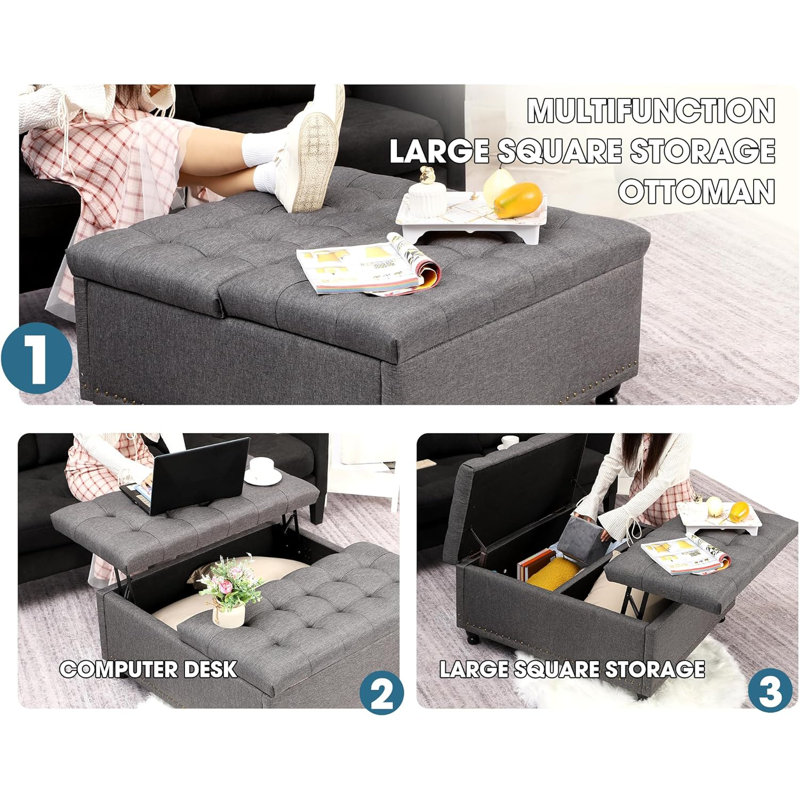 35.5" Square Ottoman Coffee Table with Large Storage, Gray