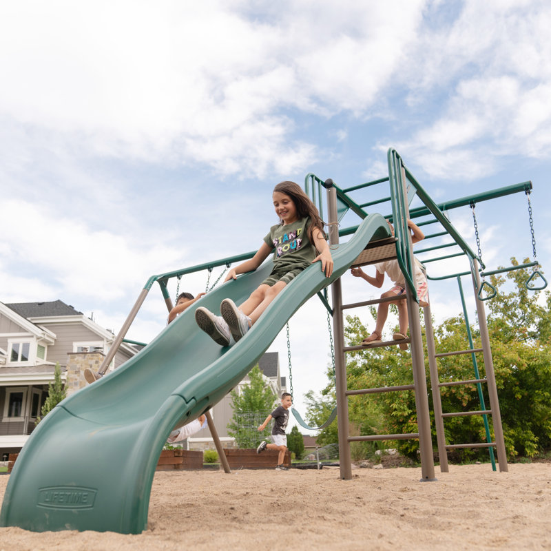 Green and Brown Metal Monkey Bar Swing Set with Slide