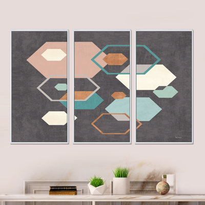 «Geometric Hexagons Pattern IV», ensemble d'art mural encadré moderne sur toile Mid-Century