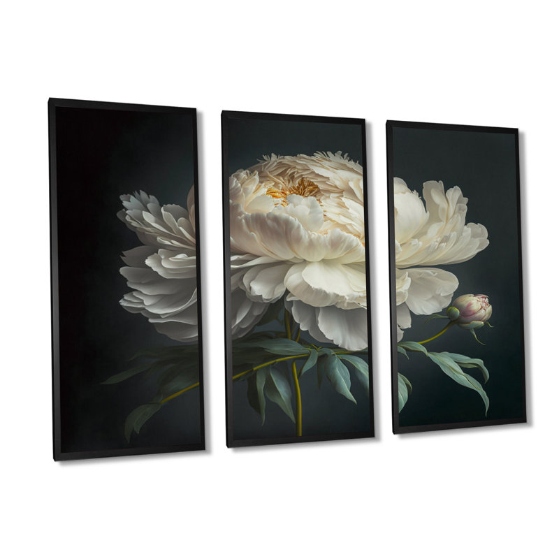 Blooming White Peony V - Blooming White Peony V - reproduction de cadre flottant sur toile 3 pièces, Cadre noir