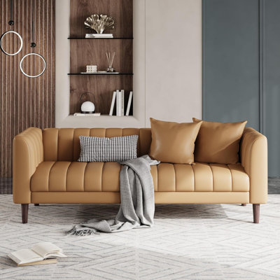 Faux Leather Sofa Couch, Modern 78" W Sofa with Deep Seats, 3 Seater Sofa Couch with 2 Throw Pillows and Wood Legs, Easy Assembly, for Living Room, Bedroom