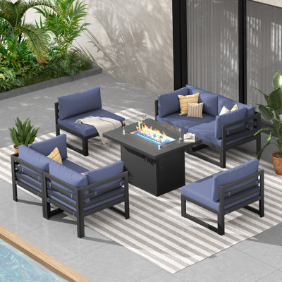 Gillet 7 Piece Patio Outdoor Aluminum Furniture Set with Gas/Propane Fire Pit Table, 29
