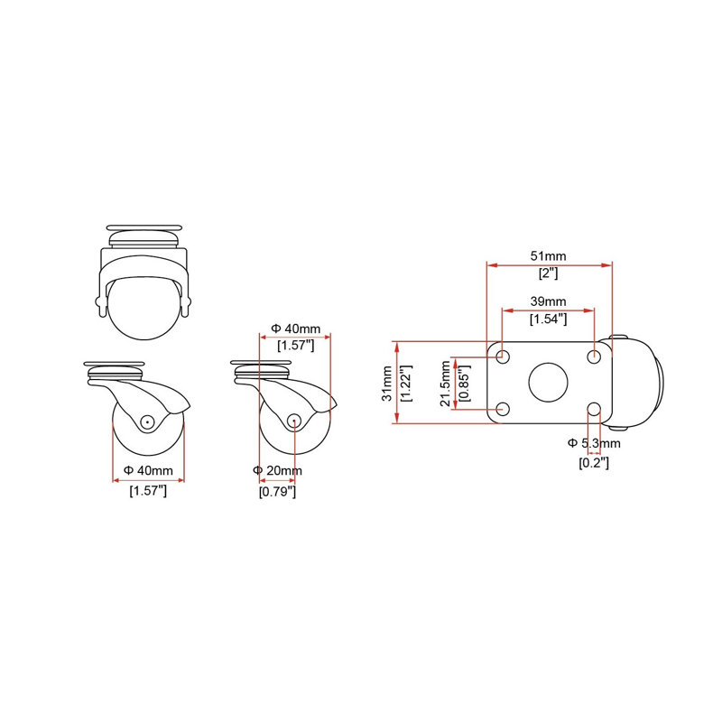 1-1/2" Diameter Antique Brass Swivel Hooded PVC Ball Caster 2" X 1-3/16" Rectangular Top Plate 4 Pack, Chrome Brite