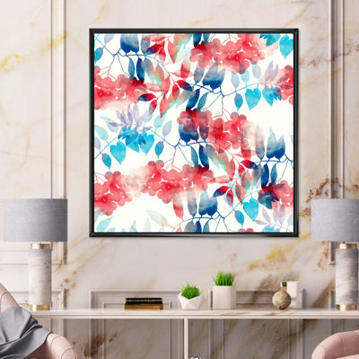 Feuilles rouges et bleues sur fond beige I - Peinture sur toile