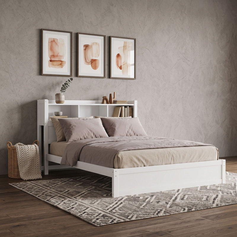 Lit plateforme 2 tiroirs avec tablettes, lumière DEL et armoire, Queen, Blanc