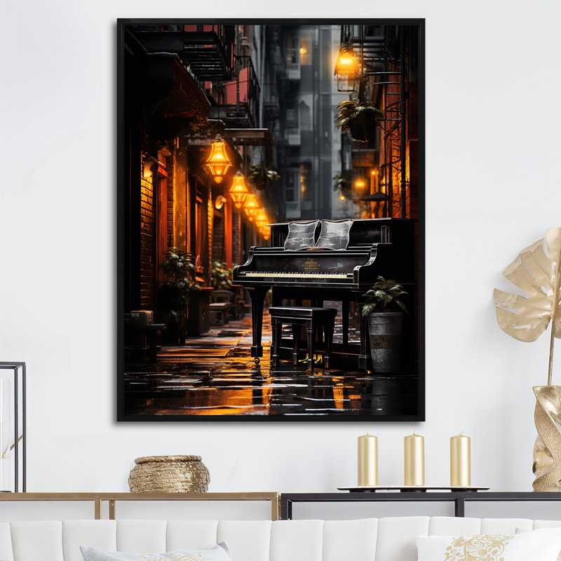 Piano, art mural, reproduction de musique urbaine - piano urbain droit, Cadre flottant noir, H 20 po x l 12 po x P 1 po