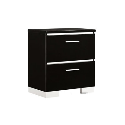 Contemporary Bedside Table With Port And Black Lacquer Finish Modern Cabinet Charging Feature Metal Frame