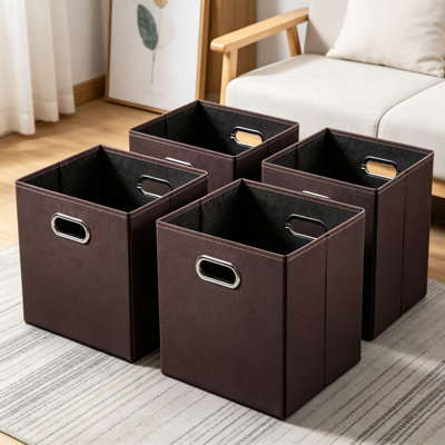 Leather Foldable Cube Storage Bins With Cotton Handles, 4-Pack Fabric Storage Baskets Cubes For Shelves, Nursery, Closet, Bedroom, Bedroom Storage Organizer