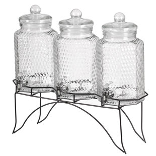 Basicwise 3-piece Glass Drink Dispenser Set With Metal Stand And Stainless Steel Spigot - Beverage Dispensers For Lemonade, Juice, Water, Iced Tea, And Punch - Ideal For Tea Party And Other Occasions