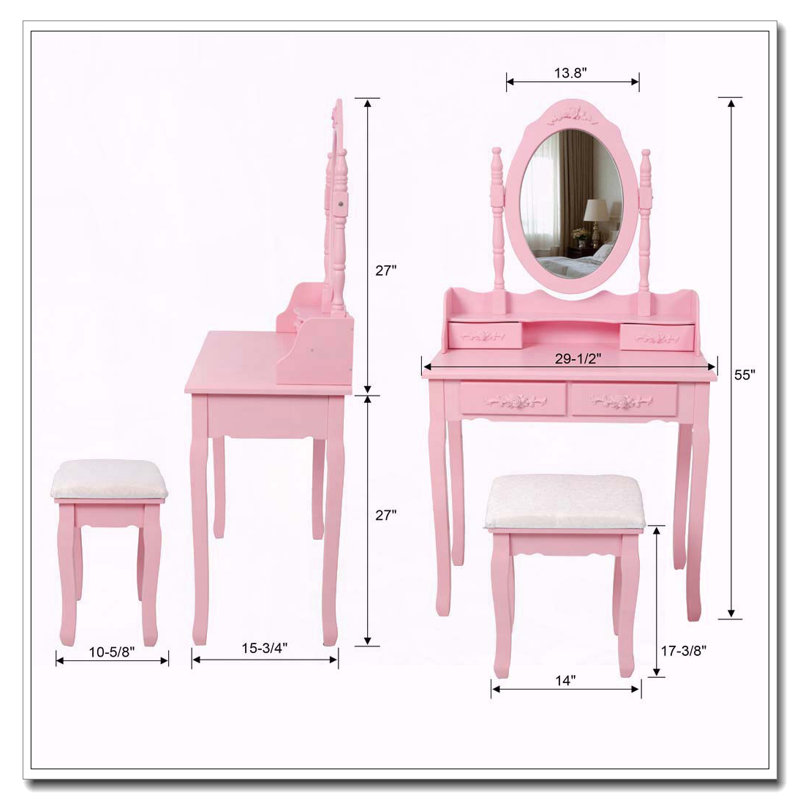 Pink Princess Vanity Desk Set with 360° Rotating Mirror, 4 Drawers and Stool, Pink