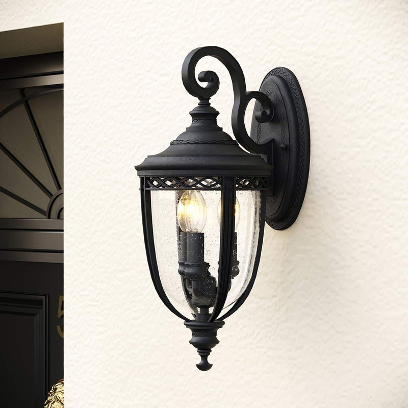 Thynes 3 - Bulb Seeded Glass Outdoor Wall Lantern, Black, Large