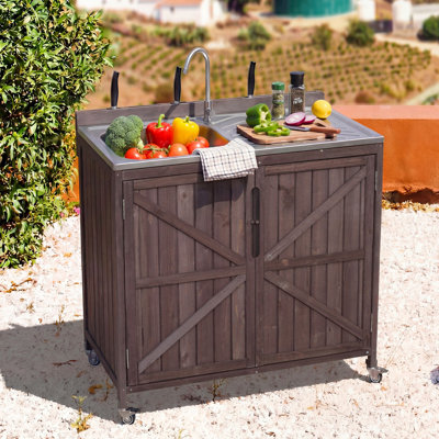 Stainless Steel Outdoor Kitchen Island With Sink, Faucet, And Hose Hook Up, Including Back Splash And Wheels For Easy Mobility And Pizza Prep