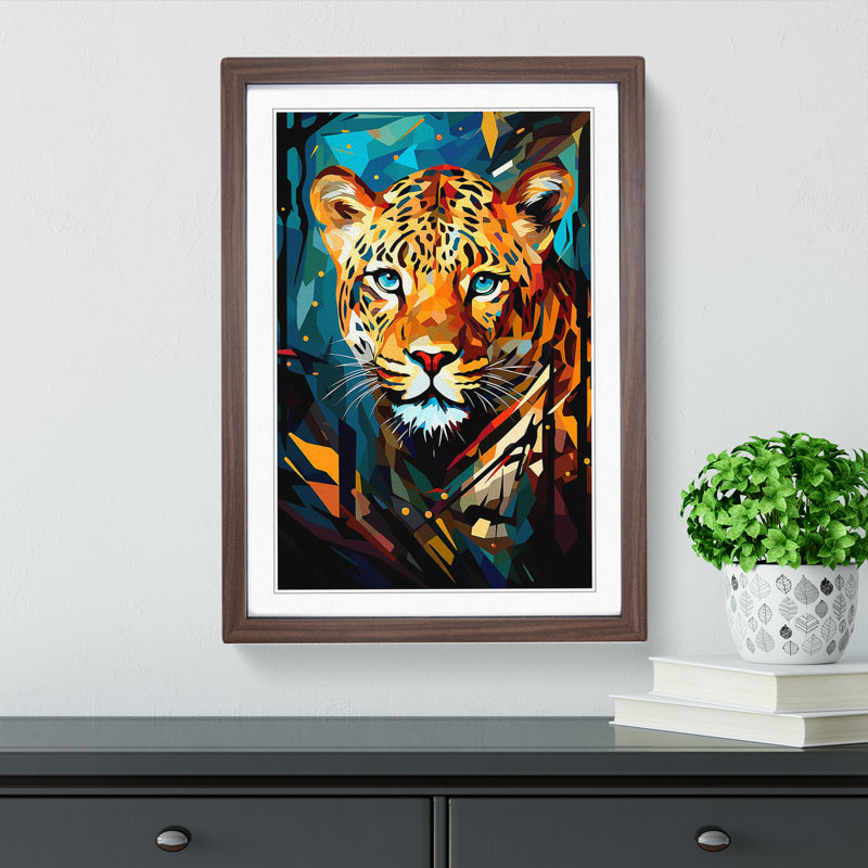 Leopard Cubism - Single Picture Frame Print on Wood, Walnut Framed, 64cm H x 46cm W x 2cm D