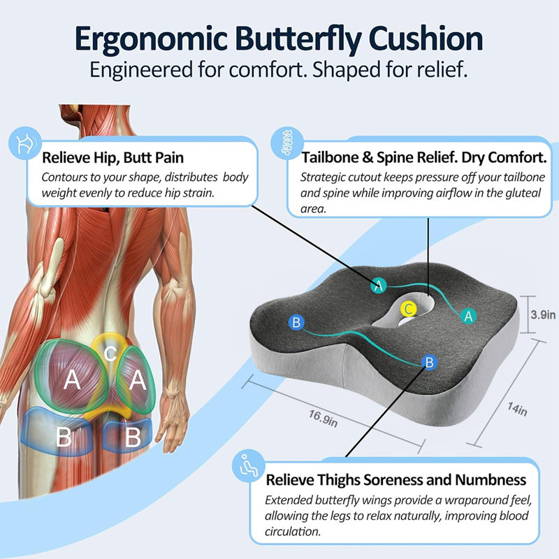 Memory Foam Seat Chair Cushion For Relieves Back Sciatica Pain Tailbone Pain Coccyx Degenerating Disc Orthopedic Osteoarthritis Prostate Cushion Low Back Pain Cushion Hip Shaping