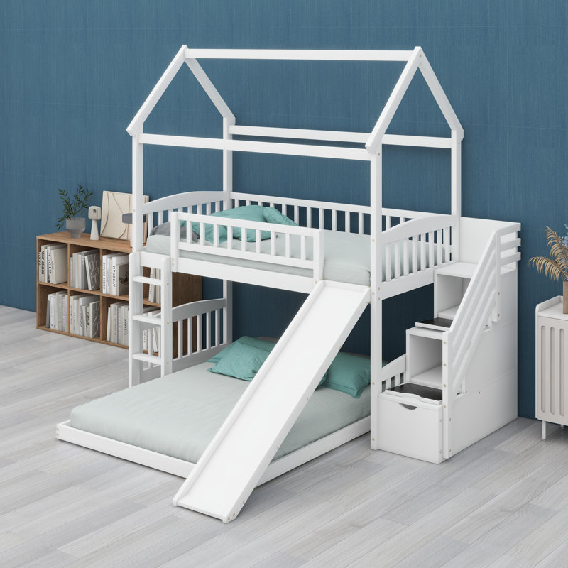 Lit superposé avec glissade et tablettes pour enfants, Blanc