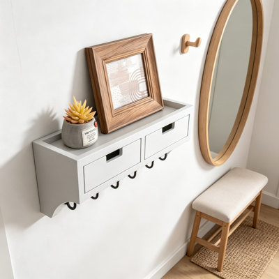 Key Holder Wall Mount with Drawers for Apartment, Modern Mail Organizer with Six Key Hooks and Dual Drawer Storage, Entryway Organizer for Home Decor,