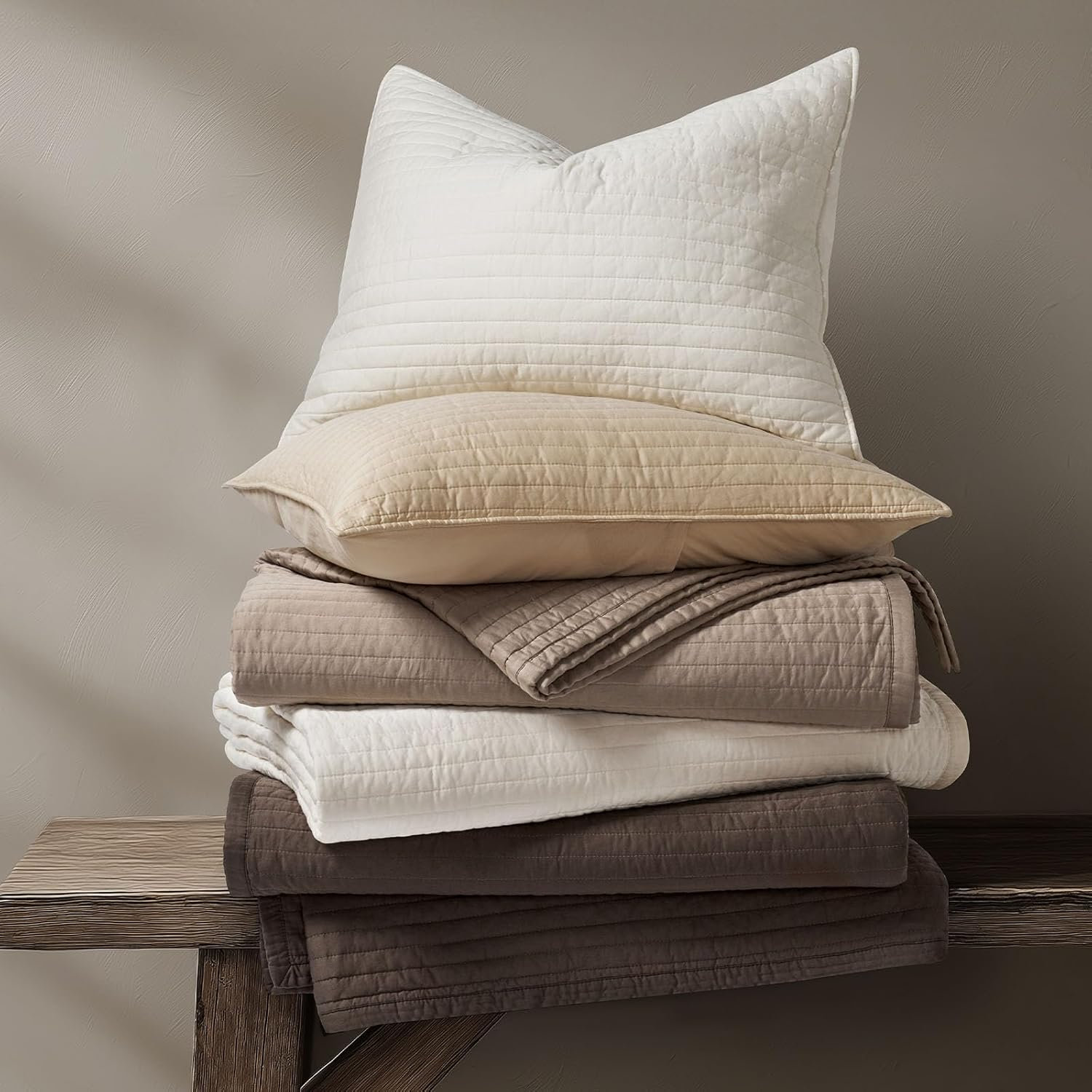 Cotton Sateen Quilt Set, Queen Quilt + 2 Queen Shams, Mocha Brown