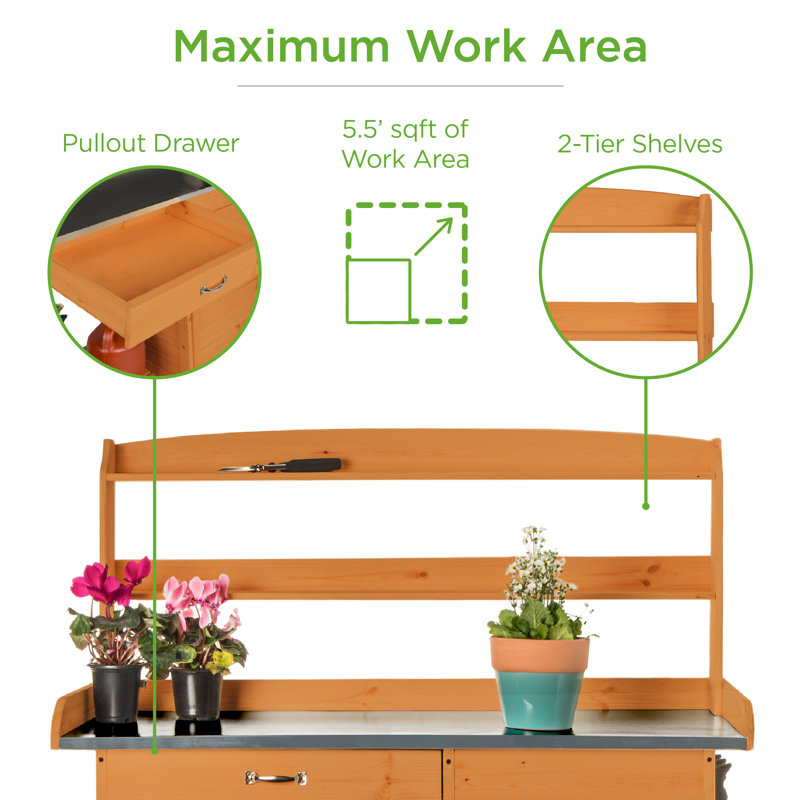 Fir Wood Outdoor Potting Bench with Metal Tabletop and Storage Cabinet