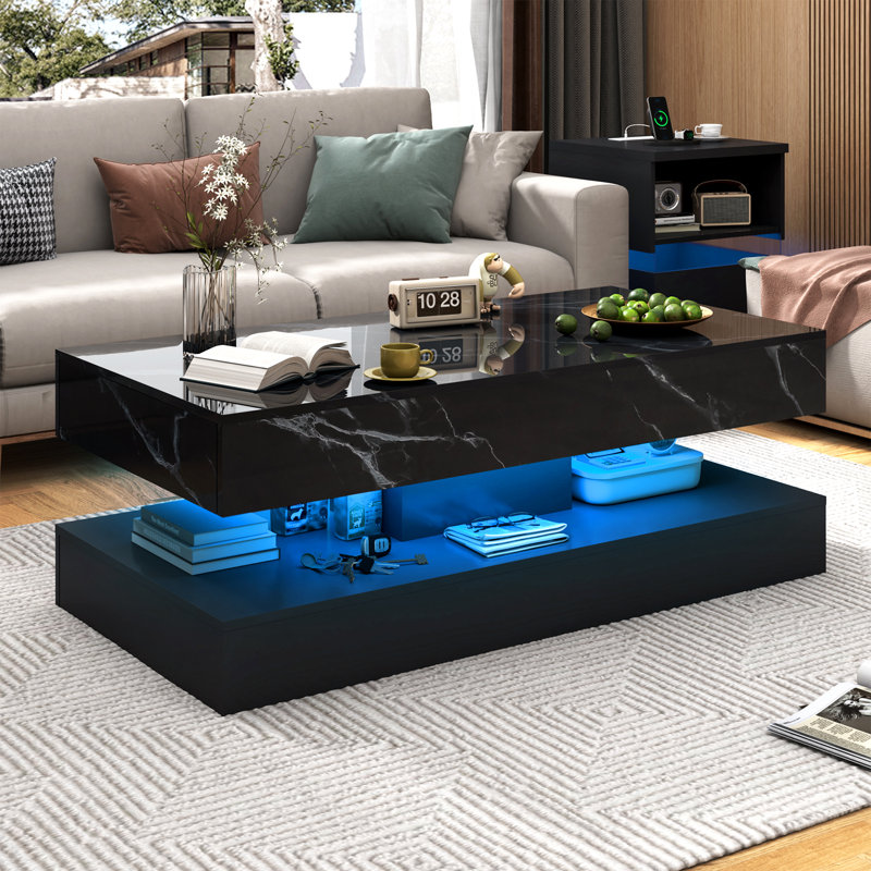 Modern High Gloss Black LED Coffee Table with 2 Storage Drawers, 20 Colors LED Lights (APP/Remote Control), 2-Tier Marbling Print Center Table for Living Room