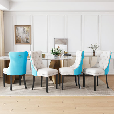 High-End Tufted Dining Chair Set, Velvet Upholstery With Nailhead Trim And Back Pull Ring, Solid Wood Legs