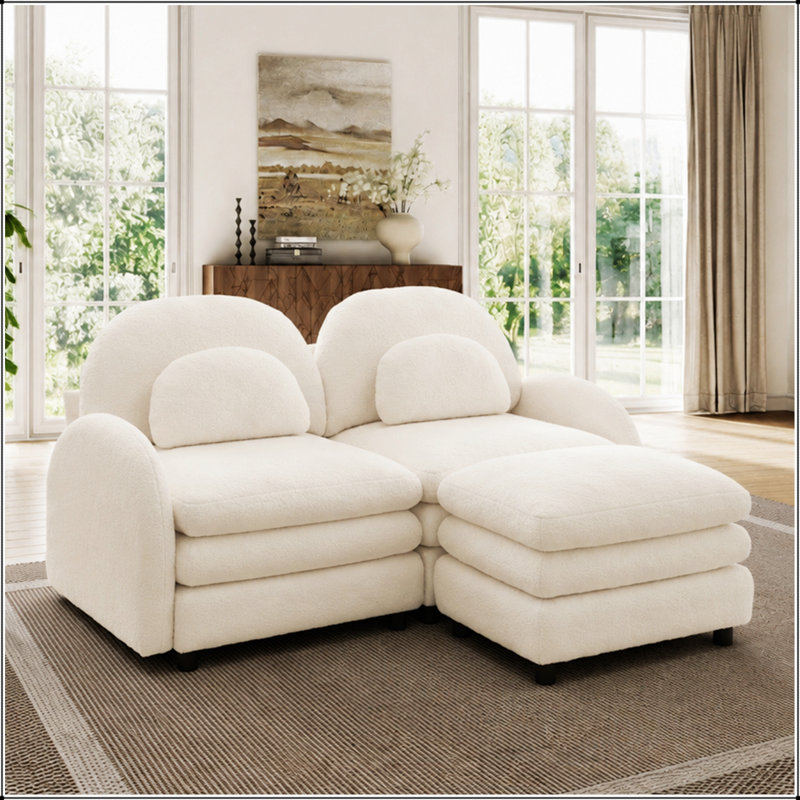 Upholstered Teddy L-Shaped Sectional with Ottoman, White Teddy, 35.4" H x 65.5" W x 55.5" D