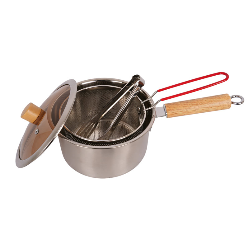 2,5 pte Ensemble de friteuses non revêtues en acier inoxydable 304 avec couvercle en verre, panier et pince