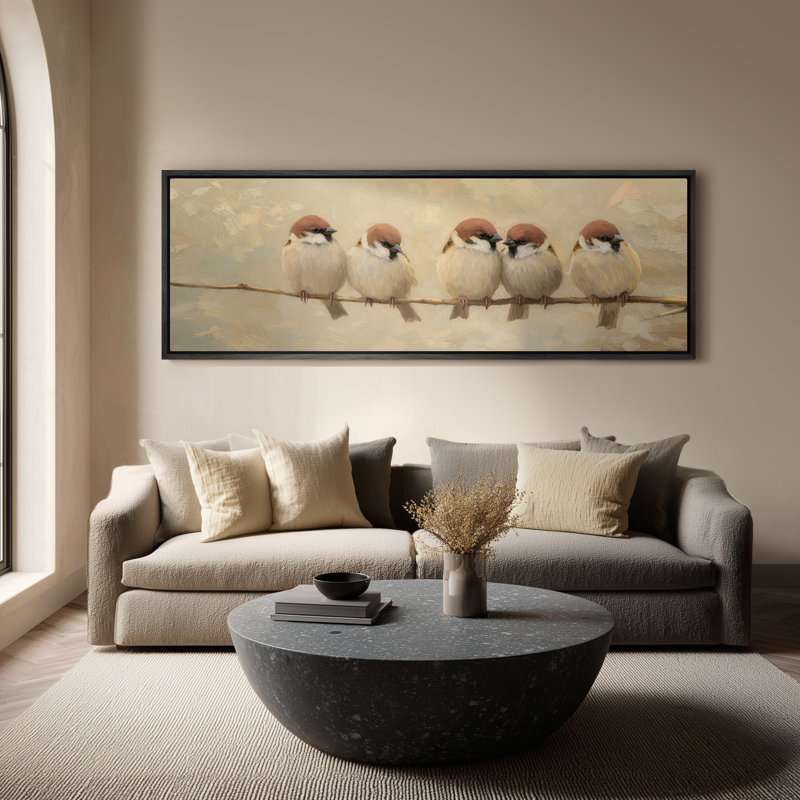 Art mural encadré, charmants moineaux assis sur une branche dans des tons neutres doux - 16 po x 24 po, 24 po x 36 po, Noir