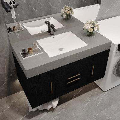 Meuble-lavabo flottant contemporain simple de 39,4 po avec comptoir en faux marbre, lavabo en céramique, 2 tiroirs en bois massif multicouches et 2 armoires