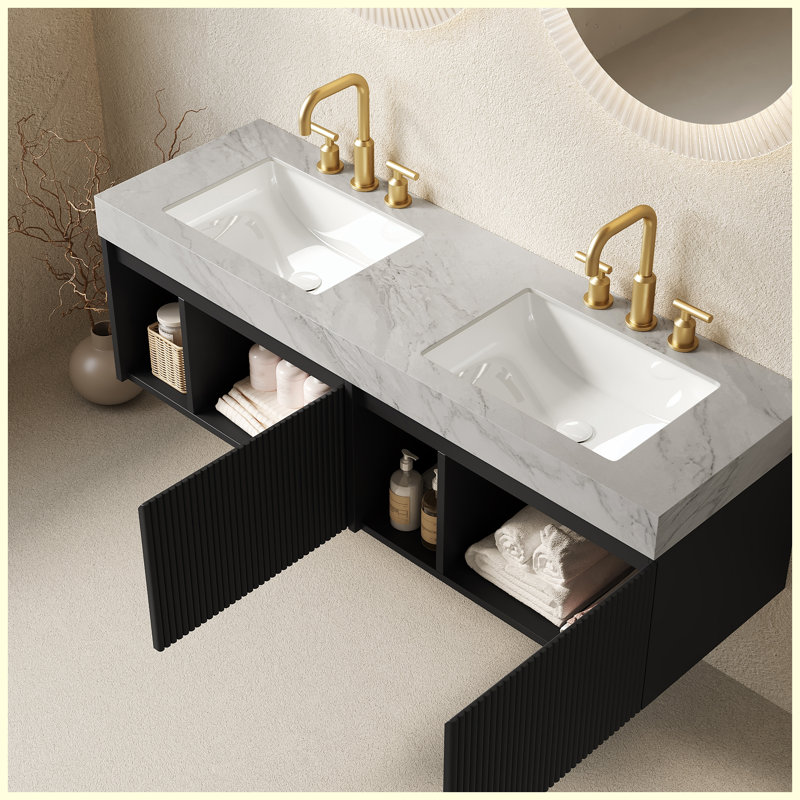 Meuble-lavabo suspendu de 60 po avec lavabo, comptoir en pierre frittée veinée gris Carrara et 2 lavabos en céramique, armoire noire, 3 trous prépercés pour robinetterie